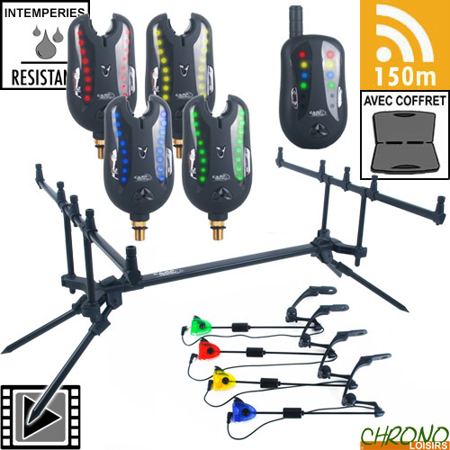 Ultimate Session Rodpod Complet + 3 Détecteurs Bite Alarm – Pack Carpe Prêt à Pêcher (Rouge/Bleu/Vert)